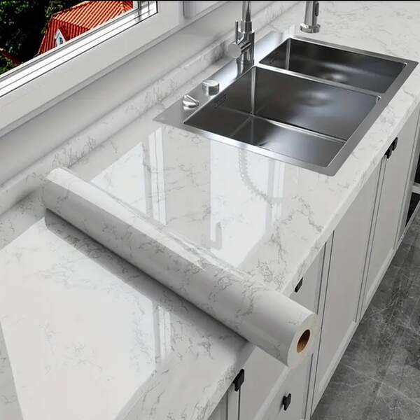 1 pieza Adhesivo de vinilo con patrón de mármol clásico de alto brillo - Impermeable, resistente al calor y duradero, adecuado para alféizares de ventanas, gabinetes, encimeras, renovación de muebles. Rollo de vinilo de granito removible, fácil de limpiar e instalar