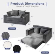 Convertible Sofa Bed, 3 In 1 Loveseat Folding Couch Bed Foldable - Boneless Couch & Floor Futon Sleeper, Corduroy Pull Out Sofa Bed With 4 Pillows For Living Room - 灰色 - 查看 3