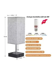 Lámparas De Buró Escritorio Led 3 Colores Con Foco Y Usb-c Lámpara de mesa USB de noche, Lámparas de computadora regulables de 3 vías, Lámpara de mesa de cadena con 2 puertos de carga USB, 1 salidas de CA, Visualización de tela, Luz para recámara - Tipo de Enchufe A USA (110-127V) - Ver 8