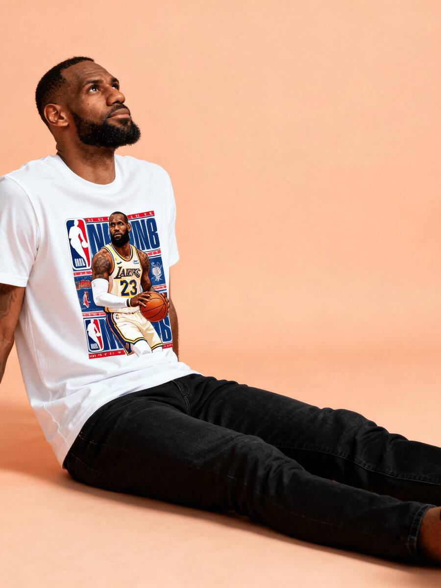 NBA T-Shirt James Lakers Basketball Control Moment T-Shirt, Wearing The Passionate Basketball Charm Of The Star Holding The Ball All Season 220g Cotton Single Sided Printed Crew Neck Short Sleeve T Shirt - 顏色1 - 查看 1