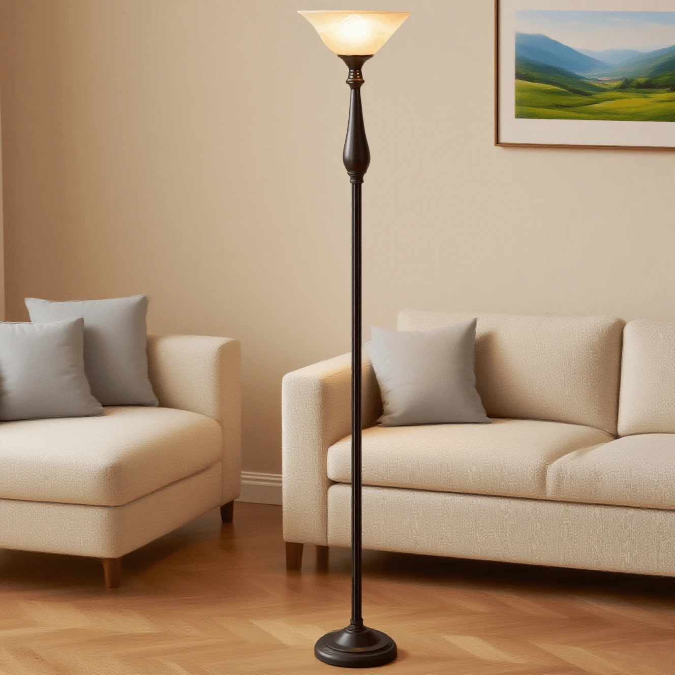 HonoDing Torchiere Floor Lamp For Living Room, Standing Lamp With Glass Shade, Iron Brushed Nickel Floor Lamps, Corner Lamps For Bedroom, Office, Reading (Dark Brown) - US A Type Plug(110-127V) - View 1