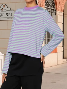 Women Striped Long Sleeve Baggy T Shirts Y2k Vintage Stripes Oversized Boxy Tees Cropped Tops Lionesss Stripped Sweatshirt Fall Preppy Teen Girl Clothes - 紫色 - 查看 3