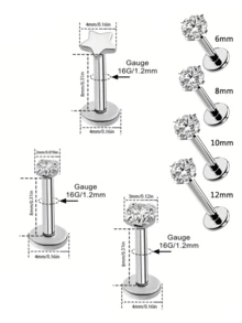 3 قطع من أقراط الشفة والغضروف المزودة بخيوط داخلية من التيتانيوم 16G مرصعة بأحجار