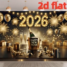1pc 2d 2026 New Year's Eve Balloon Style Banner Background Fabric - Featuring Balloon, Fireworks, Gift Box, Champagne Pattern Designs, Polyester Material, Large Size Background Fabric In Gold And Black, Multiple Size Options, Suitable For 2026 Party Decoration. - Multicolor - View 4