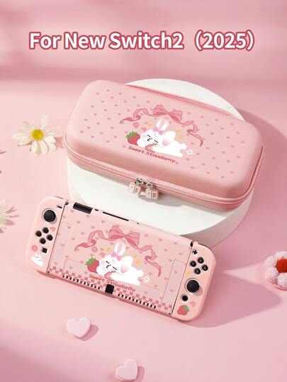 1 件粉色爱心、兔子和蝴蝶结设计保护壳，适用于 /Switch 2 (2025)/Switch NS/Switch OLED，配件适用于 Switch 游戏机，全套包括收纳袋、卡槽底座，是适合 Switch 玩家的最佳礼物