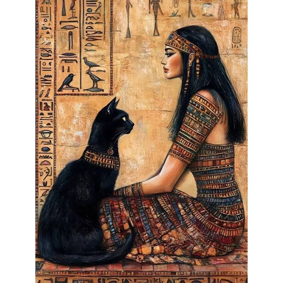 5D DIY Diamond Painting Kit, Egyptian Queen And Black Cat, DIY Handmade Decorative Craft,Ideal For Living Room, Office Or Corridor