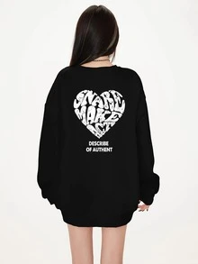 女式休闲宽松黑色圆领运动衫，字母和心形印花，宽松套头衫，适合秋季穿着