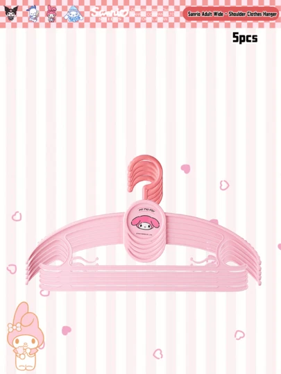 Sanrio My Melody Wide-Shoulder Clothes Hanger, 5-Pack Official Licensed Pink Plastic Hanger With Anti-Slip Hooks, Wide Shoulder Design For Coats Sweaters, Non-Slip Grip Hooks, Durable Sturdy Construction, Kawaii Home Decor For Bedroom Closet Dorm Room, Essentials For Girls And Fashion Enthusiasts, Anime Collectibles For Sanrio Fans, Gift Idea For Her, Popular Character Merchandise, Easy Storage And Space-Saving Design
