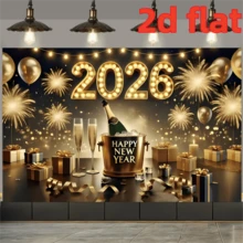 1pc 2d 2026 New Year's Eve Balloon Style Banner Background Fabric - Featuring Balloon, Fireworks, Gift Box, Champagne Pattern Designs, Polyester Material, Large Size Background Fabric In Gold And Black, Multiple Size Options, Suitable For 2026 Party Decoration. - Multicolor - View 5