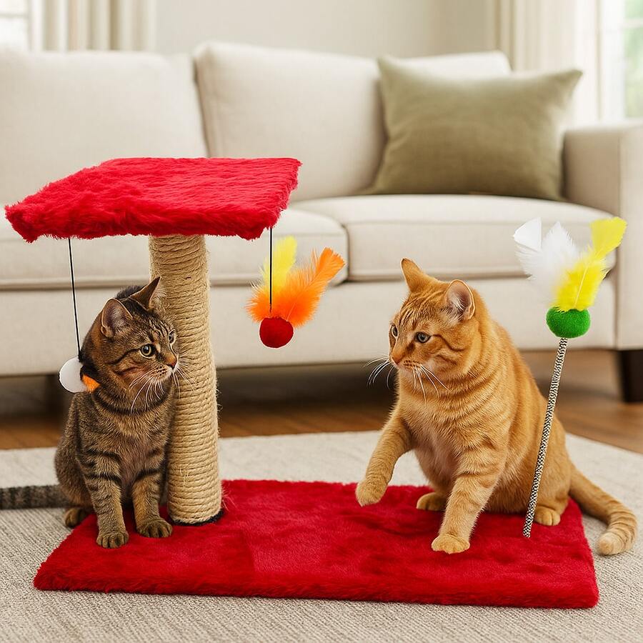 Scratching Post With Interactive Toys With Sisal And Balls - Red - View 1