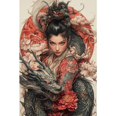 New Diamond Painting Japanese Geisha Dragon Pattern Decorative Painting, DIY 5D Full Round Diamond Art Home Decor, Frameless Wall Decoration