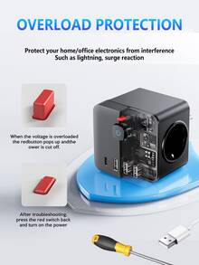 1 pezzo Presa multipla 7 in 1 con spina EU, adattatore senza fili con 3 prese AC, 3 porte USB-A, 1 porta USB-C, protezione da sovraccarico, interruttore indipendente, adatto per casa, ufficio, viaggio, camera da letto, gaming, disponibile in bianco e nero, presa senza fili per un facile trasporto e utilizzo