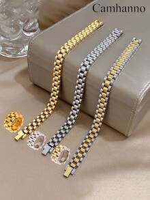 Camhanno 2pcs Elegant And Fashionable Stainless Steel Bracelet Set - Stainless Steel Exquisite And Simple Women's Charm Bracelet And Ring, Low Key Luxury, Leading The Jewelry Bracelet Combination Fashion Gift, Christmas Valentine's Day Birthday Gift - Multicolor - View 7