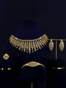 5 件 18K 镀金奢华皇家风格叶子和花朵设计新娘婚礼首饰套装，手工镶嵌白色方晶锆石，包括项链、手链、耳环、戒指，适合日常佩戴和婚礼、结婚周年纪念礼物（含礼盒） - 金色幾何形 - 查看 11