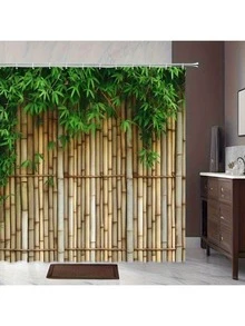 1pc Bamboo Leaf & Reed Shower Curtain - High Quality Polyester Digital Printed Floral Bathroom Decor, No Hole Hooks Needed, Machine Washable, Elegant Botanical Design, Suitable For Spa-Like Relaxation Spaces, Cute Bathroom Decoration, Easy To Hang Curtain, Natural Style Decor, Easy Care Fabric Bathroom Accessories Back To School