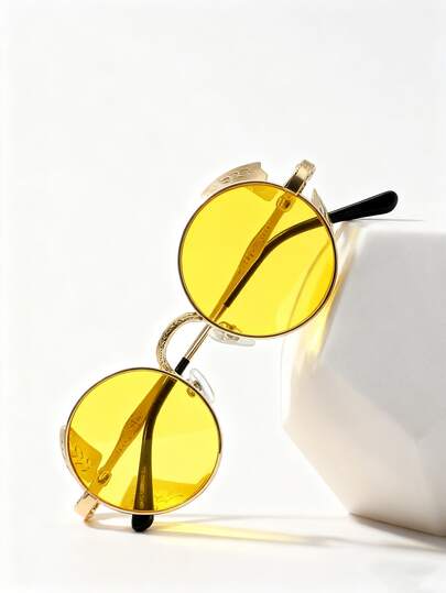 复古蒸汽朋克圆形个性化黄色镜片金属雕花眼镜，时尚女士拍照眼镜，女士配饰