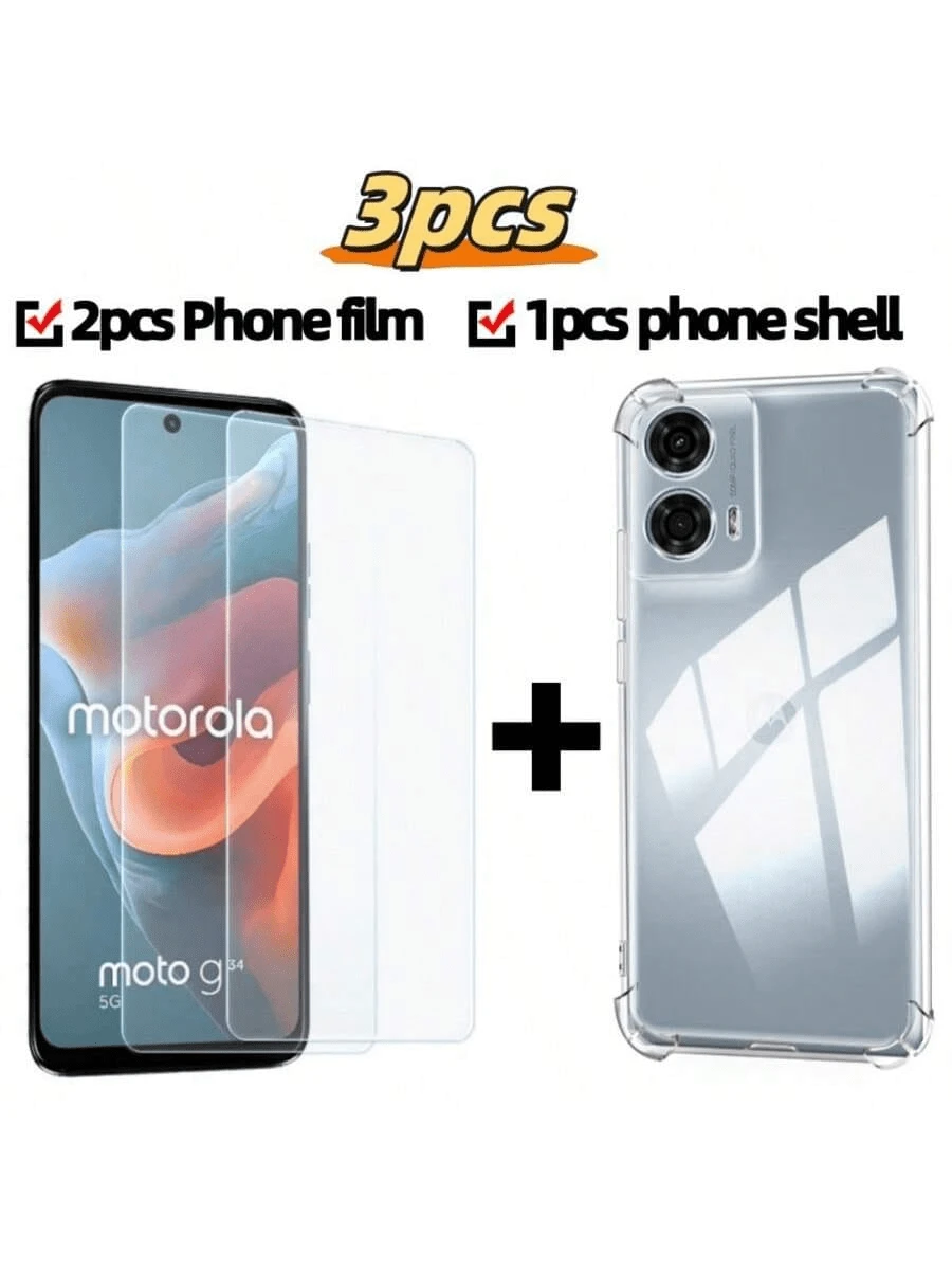 Juego de 3 piezas, 2 protectores de pantalla, 1 funda para teléfono, compatible con Moto G52/E32/E22i/Edge 30 Neo/Moto G82/Moto G10/G45/Moto E6s/E30/G20/E30/E14/G24 POWER/G30/E40/G31/G24/E7 POWER/G41/G04/G35/Edge 30/Moto G34/G84/G54/G14/G55/E22/E13/G50 Protector de pantalla de alta definición/Funda de teléfono equivalente
