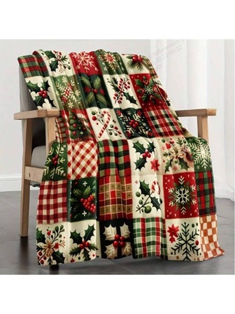 280gsm Christmas Joyful Flannel Blanket - Cozy Red & Green Holiday Design, Soft Polyester, Machine Washable, Great For Living Room Or Bedroom Decor, Adds Festive Vibe For All Seasons, Durable Knitted Holiday Home Decor, Perfect For Christmas
