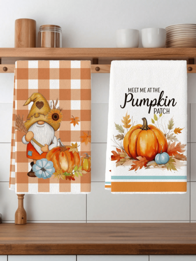 2pcs Autumn Kitchen Dish Towel 40x60cm Hello Pumpkin Thanksgiving Tea Towel Autumn Orange White Rag, Used For Halloween Thanksgiving Kitchen Cooking And Baking. Home Decor Halloween Decor Room Decor Fall Decor Autumn Decor