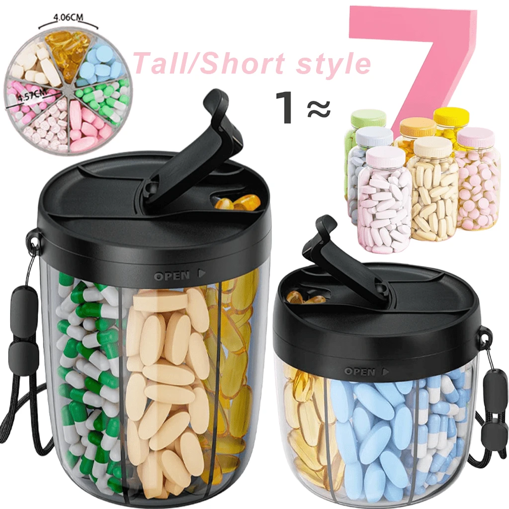 Portable Pill Organization With Separate Compartments - Holding 7 Kinds Of Vitamins And Medicines, 7-Compartment Medicine Box For 7 Days A Week, Anti-Mixing Design, Wide Opening, Clear Observation Window, Travel-Friendly Medicine Can With Convenient Lanyard, Travel, Elderly And Busy Lifestyle, 7 Compartments Medicine Can - 彩色 - 查看 1