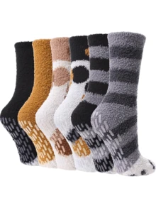 1/2/5/6/12 Pairs Mixed Color Women's Thermal Lined Plush Dot Grip Socks, Suitable For Daily Home/Office Tiger Paw Floor Socks, Cozy Socks - Multicolor - View 1