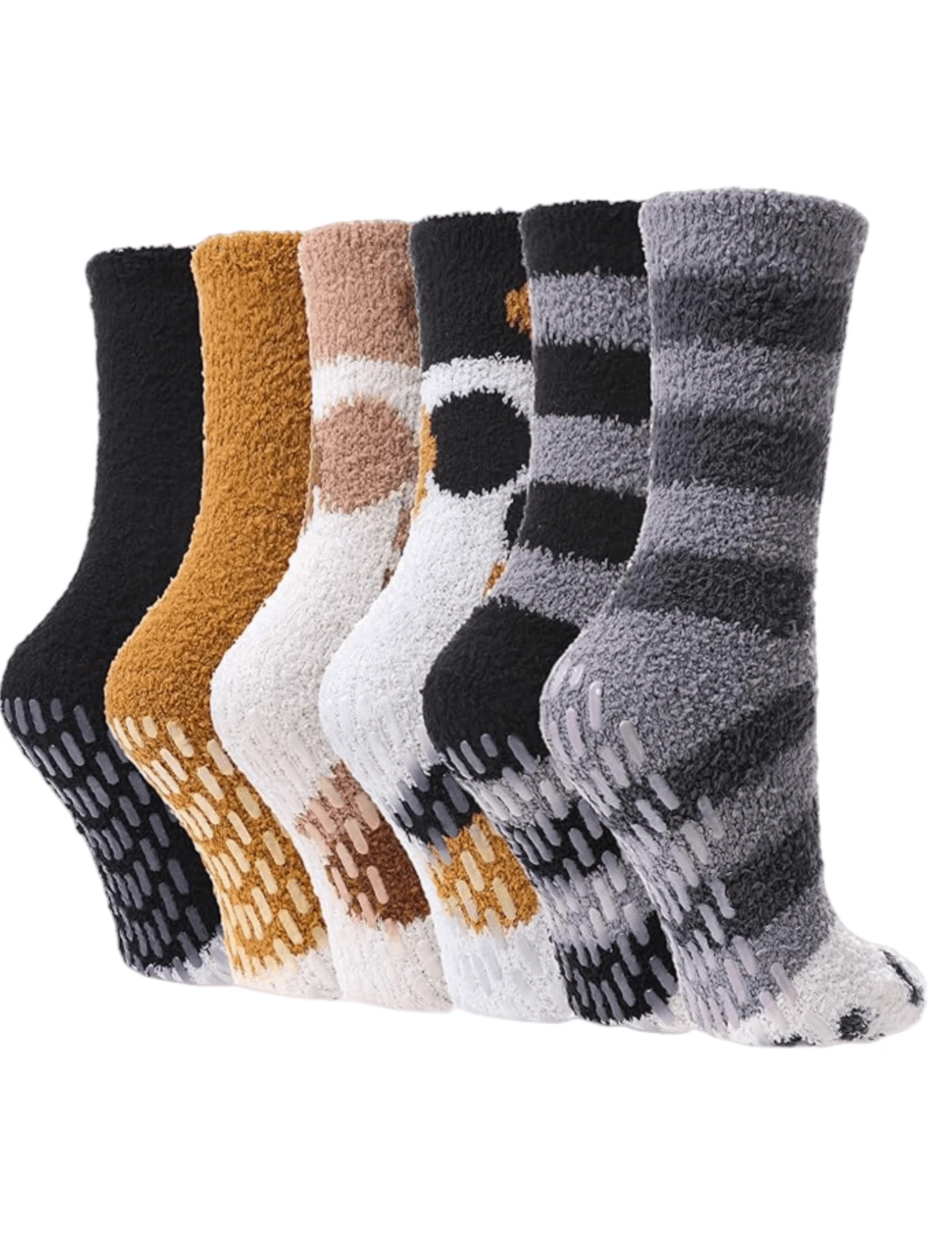 1/2/5/6/12 Pairs Mixed Color Women's Thermal Lined Plush Dot Grip Socks, Suitable For Daily Home/Office Tiger Paw Floor Socks, Cozy Socks - Multicolor - View 1