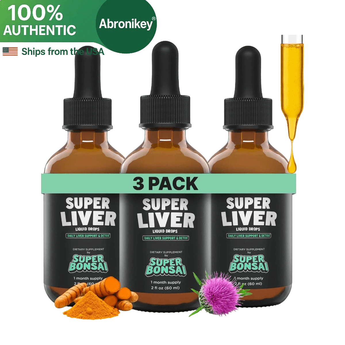 Abronikey SuperBonsai Super Liver Support | Milk Thistle Liquid Herbal Supplement | Plant-Based Daily Wellness Formula | 9-Month Supply - 3瓶 - 查看 1