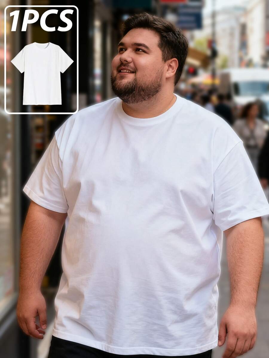 Plus Size Men's 1PC Cotton Tee - Black/White | 2025 Oversized Streetwear - 白色 - 查看 1