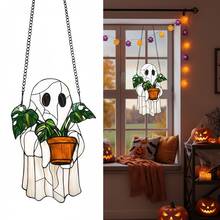 Halloween 2D Acrylic Ghost Window Hanging Decoration, Stained Glass Effect Suncatcher With Monstera Plant, Spooky Cute Wall Art, Indoor Gothic Home Aesthetic Room Decor For Festive Holiday Vibes - 均碼 - 查看 2