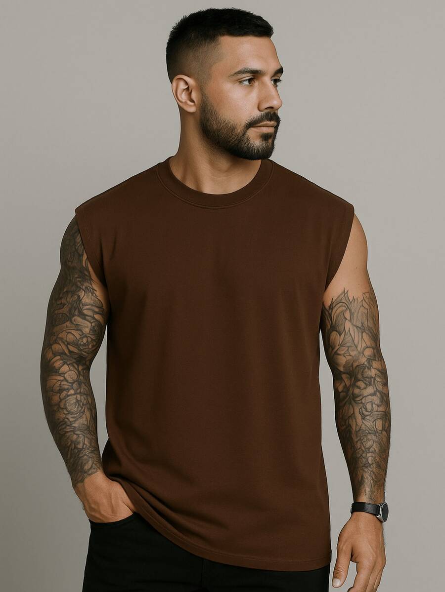 Men's Oversized Tank Top Machão Premium 100% Cotton Casual Streetwear Summer Fashion Beach New Year Christmas Friday - 鏽棕色 - 查看 1