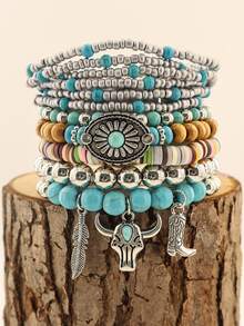 5pcs/11pcs Boho Western Turquoise Beaded Bracelet Set Cowboy Charm Stack With Feather & Boot Pendants For Women And Men Perfect Gift For Party Wear - Bull Head Imitation Turquoise Bracelet Set - View 12