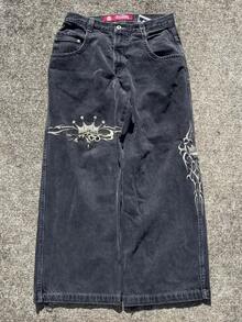 Retro Black Grey Y2K Cross Embellished Straight-Leg Jeans For Men Ultra Comfort Stretch Denim All-Day Wear Street Style Vintage Design Fashionable Casual Pants - 黑色 - 查看 2