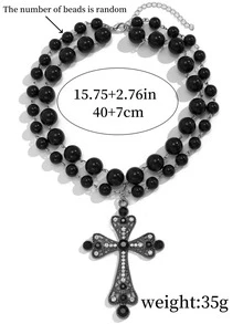 1pc Black Pearl Large Cross Double Layer Necklace, Halloween Fashion Personalized Faux Pearl Multi-Layer Large Cross Pendant Choker Necklace, High-End Versatile Necklace Accessory Suitable For Girls And Women (Pearl Quantity Random) - Black - View 5