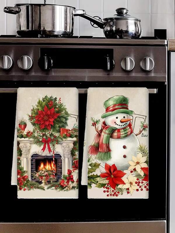 2pcs Festive Christmas Kitchen Towels - Retro Snowman Stove Pattern Decoration, Quick-Dry & Absorbent Microfiber,Polyester Material,Red Plaid Merry Christmas Decorative Tea Towels For Cooking, Baking & Housewarming.For Holiday Decor, Cartoon, Country Style, Country Style, Rectangular Shape15.7x23.6 Inches