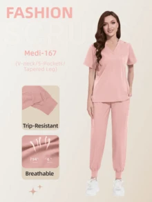 Damen Scrubs Set - V-Ausschnitt Oberteil & Jogginghose mit elastischem Bund und 3D Großen Taschen Anti-Rutsch
