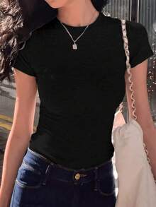 Camiseta para mujer estilo casual, TRASPIRABLE, color sólido, ajuste entallado, cuello redondo, manga corta, verano, ideal para oficina y uso diario - Negro - Ver 1