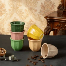 6件套彩色陶瓷浓缩咖啡杯 - 优雅浮雕花卉咖啡杯、阿拉伯风格茶杯、土耳其咖啡杯，生日、圣诞节、万圣节、复活节、儿童节礼物，适合家庭、办公室或咖啡馆使用，可用洗碗机清洗，可重复使用 - 彩色 - 查看 5