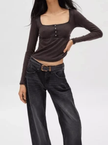Womens Long Sleeve Shirts Crop Tops Fall Fashion Button Down Square Neck Going Out Basics Tees Y2k Clothes - Dark Brown - View 2