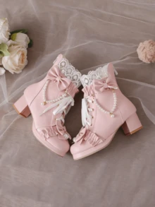 Kawaii Shoes For Women,Goth Lolita Platform Boots,Bow Ankle Boots Cute Sweet Cosplay Shoes - Hồng - Xem 7