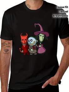1pc  Nightmare Before Christmas Graphic T-Shirt, Retro Style Men'S Casual Knit Cotton Top, Breathable Loose Fit, Comfortable Round Neck Short Sleeve Tee, Perfect Gift For Holidays And Birth [Cool - 黑色 - 查看 1