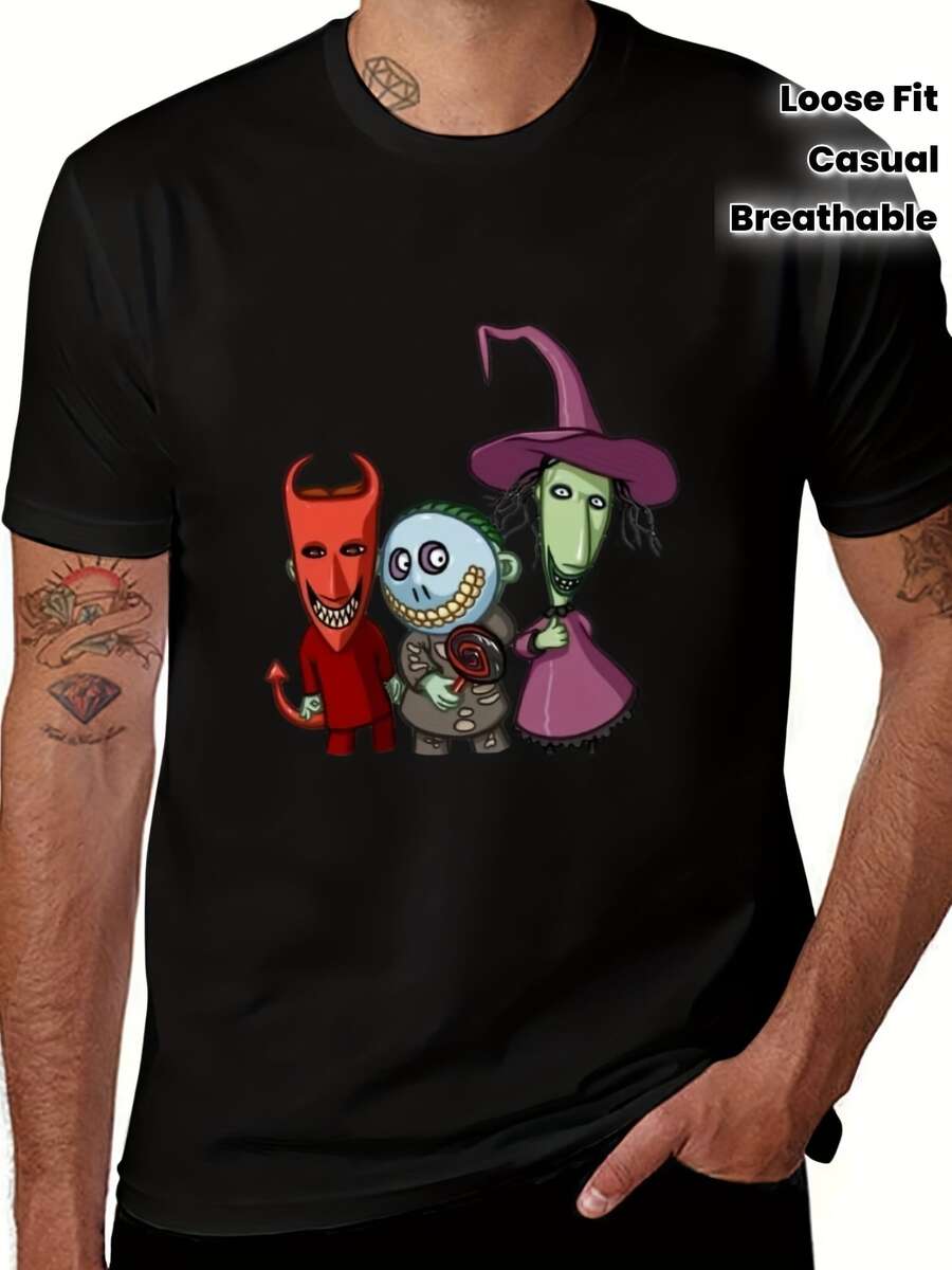 1pc Nightmare Before Christmas Graphic T-Shirt, Retro Style Men'S Casual Knit Cotton Top, Breathable Loose Fit, Comfortable Round Neck Short Sleeve Tee, Perfect Gift For Holidays And Birth [Cool - 黑色 - 查看 1