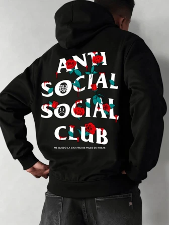 Hombre003-1 Sudadera Con Capucha De Cuello Redondo Para Hombre Con Estampado De Anti Social Club Sad Boyz Bolsillo Canguro Y Cordón, Manga Larga, Suelta Y Casual, Ideal Para Regalar Como Ropa De Hombre Frente y Espalda(Modelo Ligero Primavera-Otoño. Elige talla superior.)