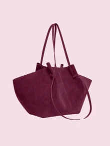 [Drawstring Adjustment + Fan-Shaped Silhouette]Brown Suede Tote Bag | 31cm Large Capacity Shoulder Bag | Retro Lazy Style Commuter Bag | Autumn And Winter Suede-Like Underarm Bag | Niche Wing Design Women's Bag