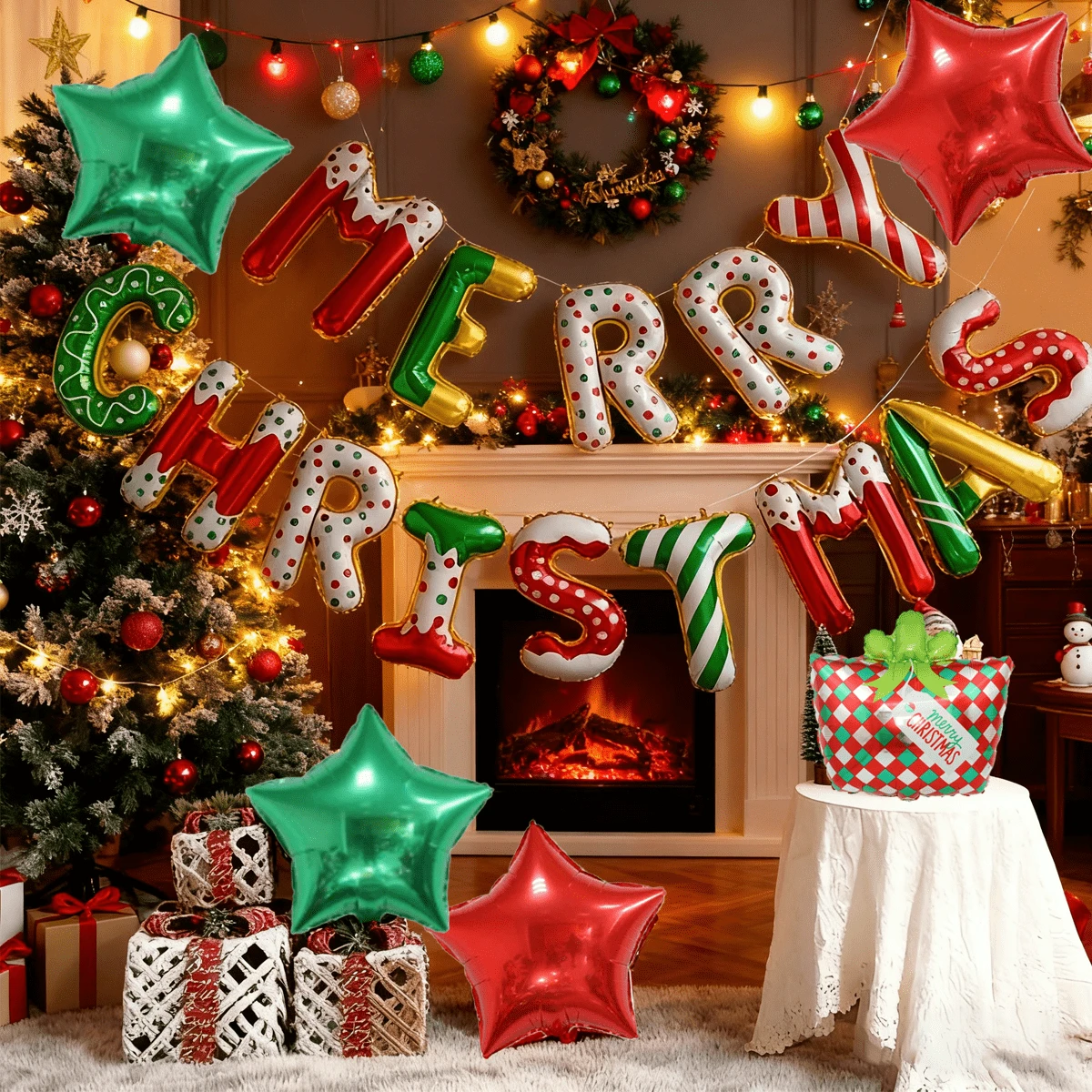 圣诞快乐气球横幅，圣诞字母铝箔气球，带圣诞礼物，红色、绿色、星形气球，适用于室内外圣诞派对装饰 - 彩色 - 查看 1
