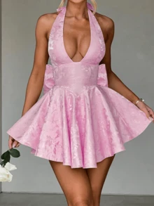 Onicee 夏季连衣裙，粉色情人节套装，时尚提花露背蝴蝶结连衣裙，优雅连衣裙，适合情人节、约会、聚会、派对、旅行、度假、海滩和其他场合。 - 粉色 - 查看 17