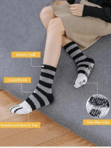 1/2/5/6/12 Pairs Mixed Color Women's Thermal Lined Plush Dot Grip Socks, Suitable For Daily Home/Office Tiger Paw Floor Socks, Cozy Socks - Multicolor - View 3