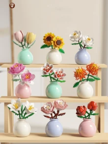 1361pcs Realistic Preserved Flower Building Blocks Basket, Roses/Sunflowers/Tulips/Lily Of The Valley/Roses/Lilies/Roses/Peonies/Jasmine Creative 3D Assembly Building Blocks Potted Succulent Plants Desktop Decor, Birthday/Halloween/Christmas Gift - Multicolor - View 5