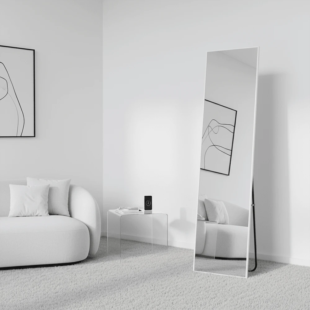 Ultra-Lightweight, Seamless, One-Piece, Wall-Mounted Full-Length Mirror Perfect For Rentals. Foldable, Self-Standing, Lightweight, Thin, Aluminum Alloy, Right-Angle, Fully Assembled, Large, Stylish, Shatterproof.