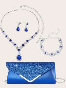 Bộ 4 vòng cổ đính đá Rhinestone màu đỏ, phù hợp với túi xách váy dạ hội bằng kim loại đính đá Rhinestone của phụ nữ, bộ vòng cổ, vòng tay, hoa tai cưới của cô dâu, phù hợp cho các bữa tiệc, đám cưới, khiêu vũ, bữa tối/bộ trang sức tiệc, quà tặng ngày lễ - Đỏ - Xem 12