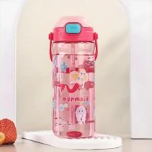 1pc 550ml Cute Cartoon Print Straw Water Bottle, Large Capacity Straw Drinking Cup With Press Flip Lid, Leak-Proof Portable Travel Bottle With Convenient Handle - Multicolor - View 16